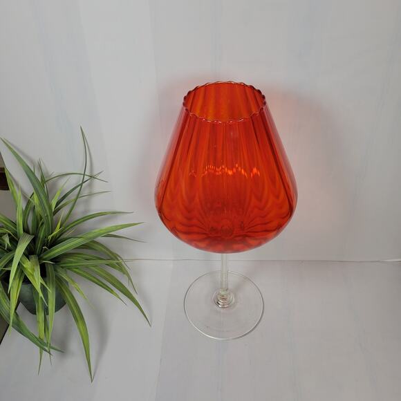 MCM Empoli Red/Orange Glass Snifter Goblet, Long Clear Stem Vintage Art Glass - Picture 2 of 4